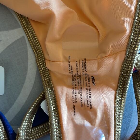 Aerie Bikini Striped Metallic Trim Push-up Top 36A Side Tie Bottom Large NWT - Picture 8 of 14